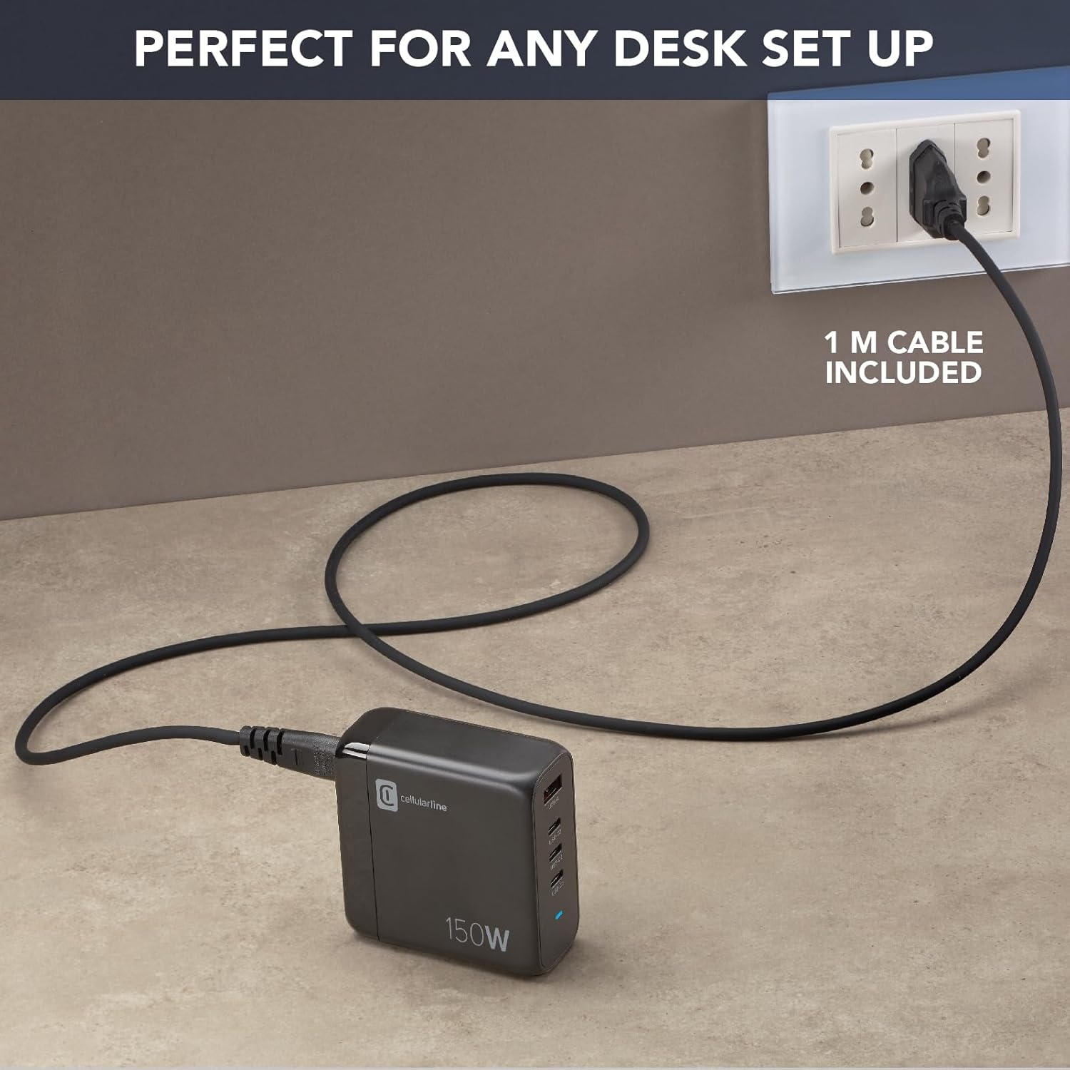 Cellularline MULTIPOWER DESK GAN 150W - Caricabatterie 4 Porte GaN, Nero - immagine 6