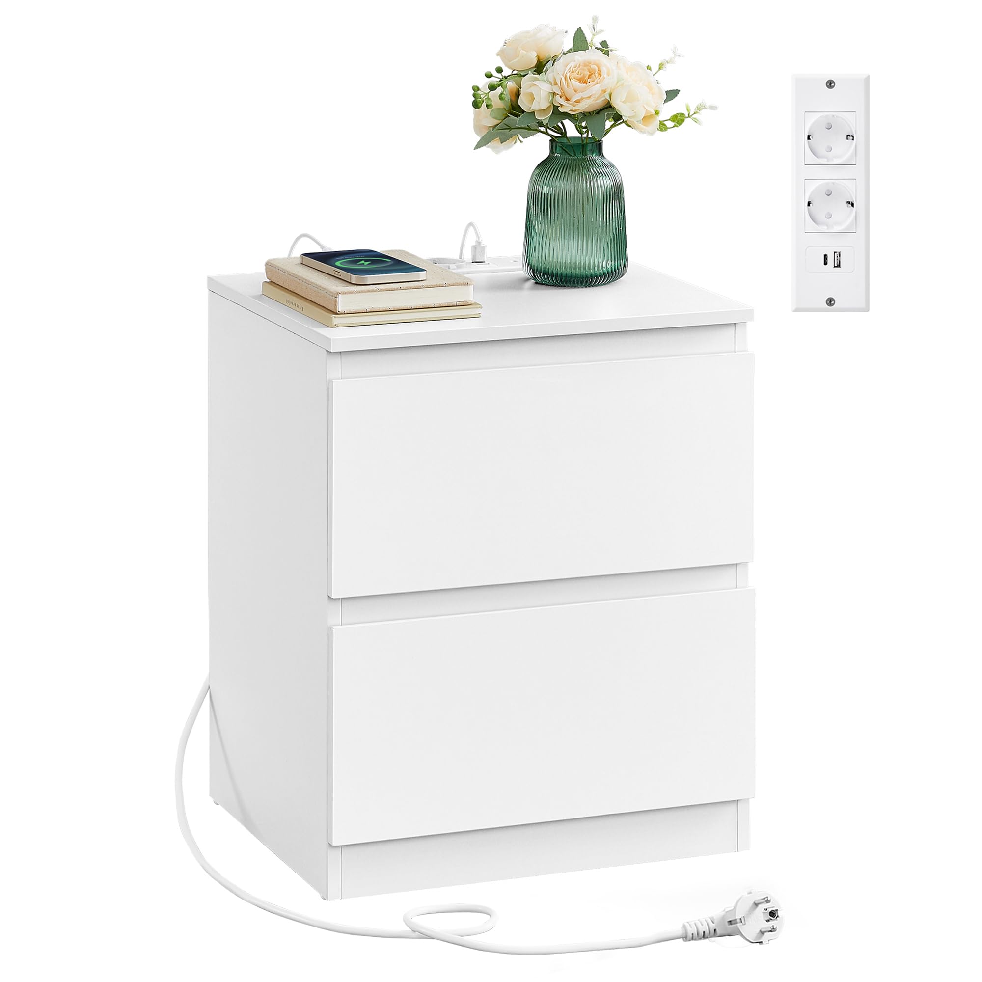 Vasagle KAILYN Comodino con Ciabatta Elettrica, Bianco