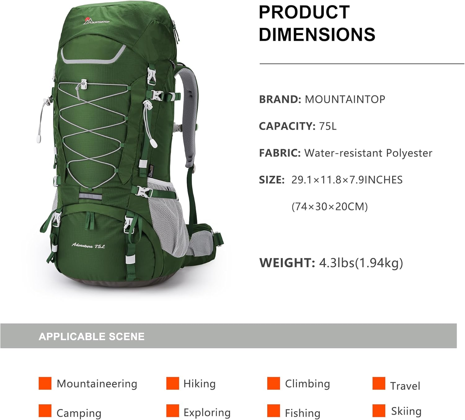 MOUNTAINTOP Zaino Trekking 75L Impermeabile - immagine 2