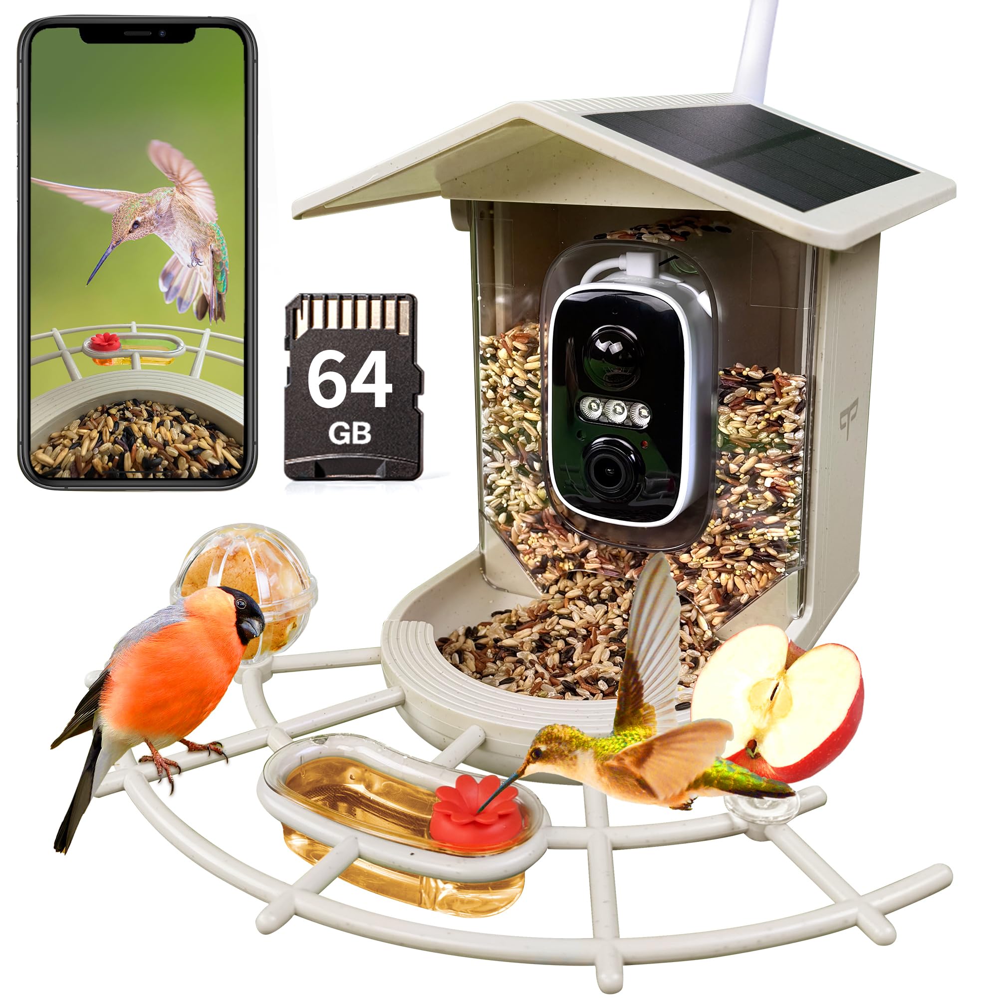Origem Mangiatoia Per Uccelli Paglia di Grano con Telecamera e 64GB SD, Video 2K HD AI Identifica, 1.7L IP66 5200mAh Energia Solare Esterno Casetta Anti-scoiattolo per Cortile Fattoria Giardino Bosco