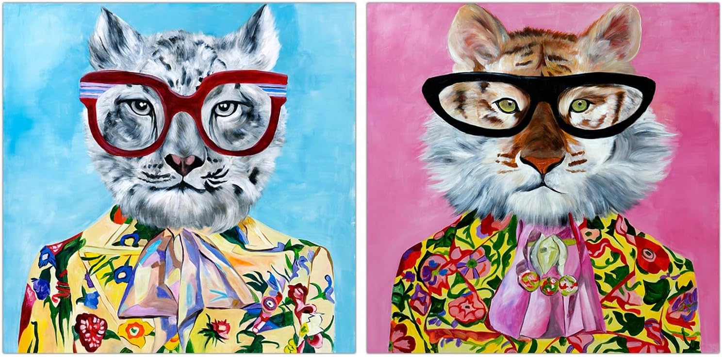 DRW Set 2 Quadri Tela con Felini e Occhiali 100x100cm