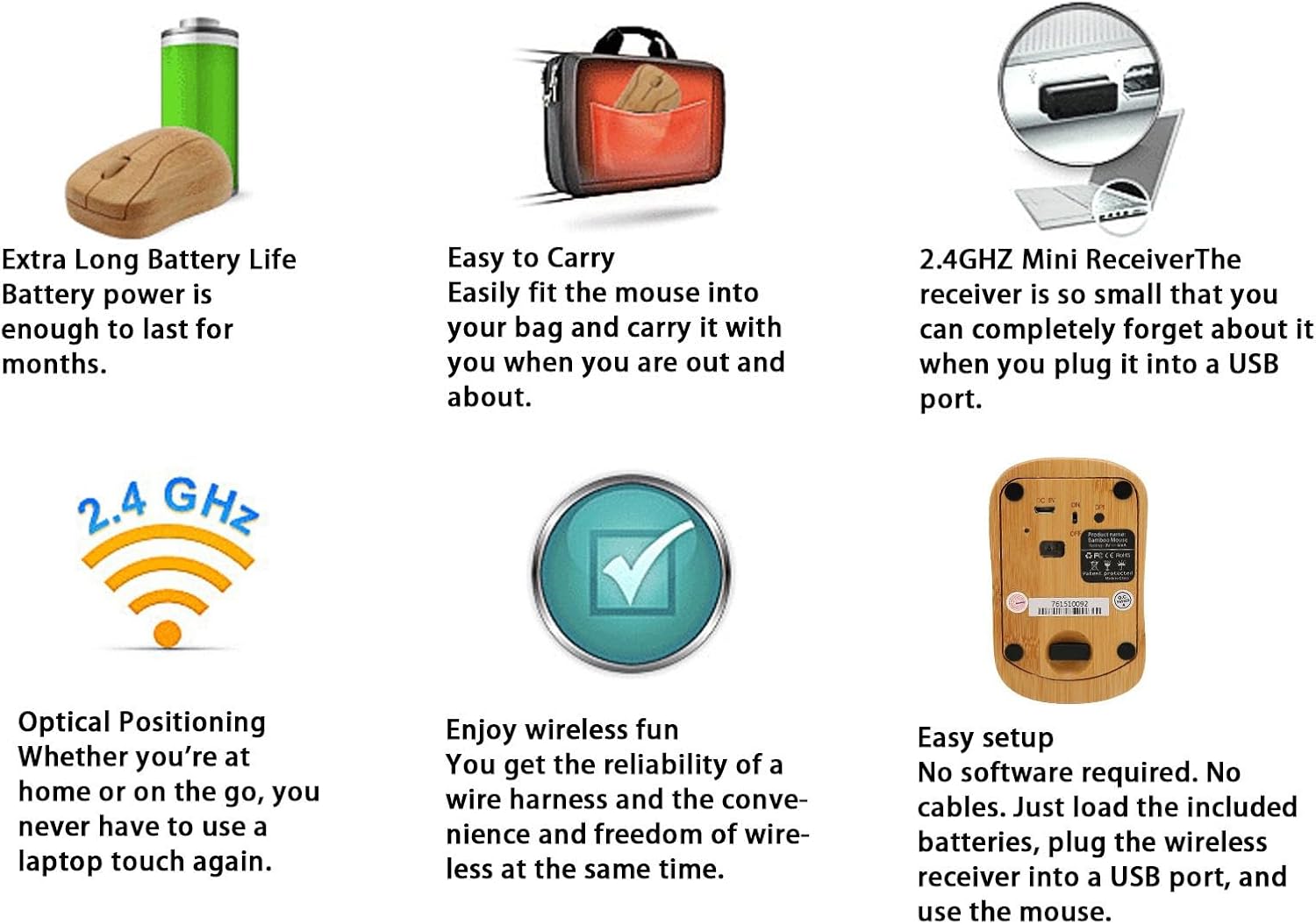 Mouse Wireless in Legno di Bambù, 3 Livelli DPI - immagine 5