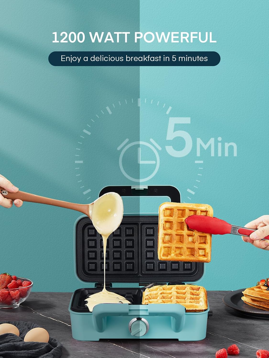 Piastra Waffles Maker 3 in 1, 1200W, Blu - immagine 2