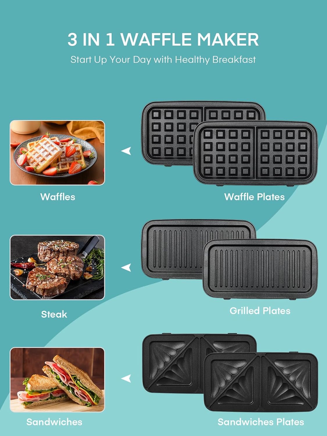 Piastra Waffles Maker 3 in 1, 1200W, Blu - immagine 4