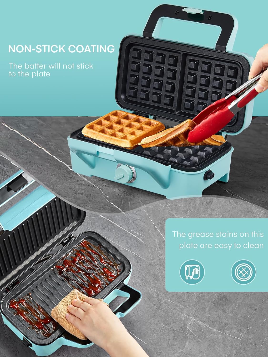 Piastra Waffles Maker 3 in 1, 1200W, Blu - immagine 6