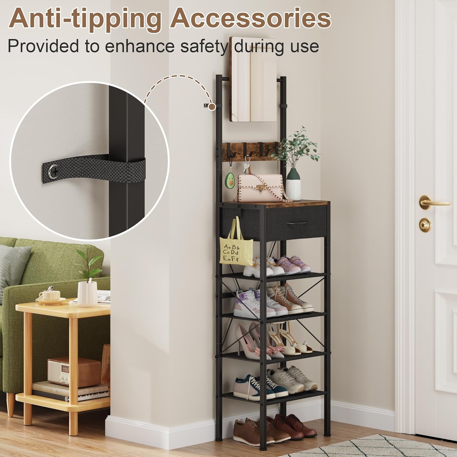 Scarpiera con Specchio e Cassetto, Marrone Rustico - immagine 7