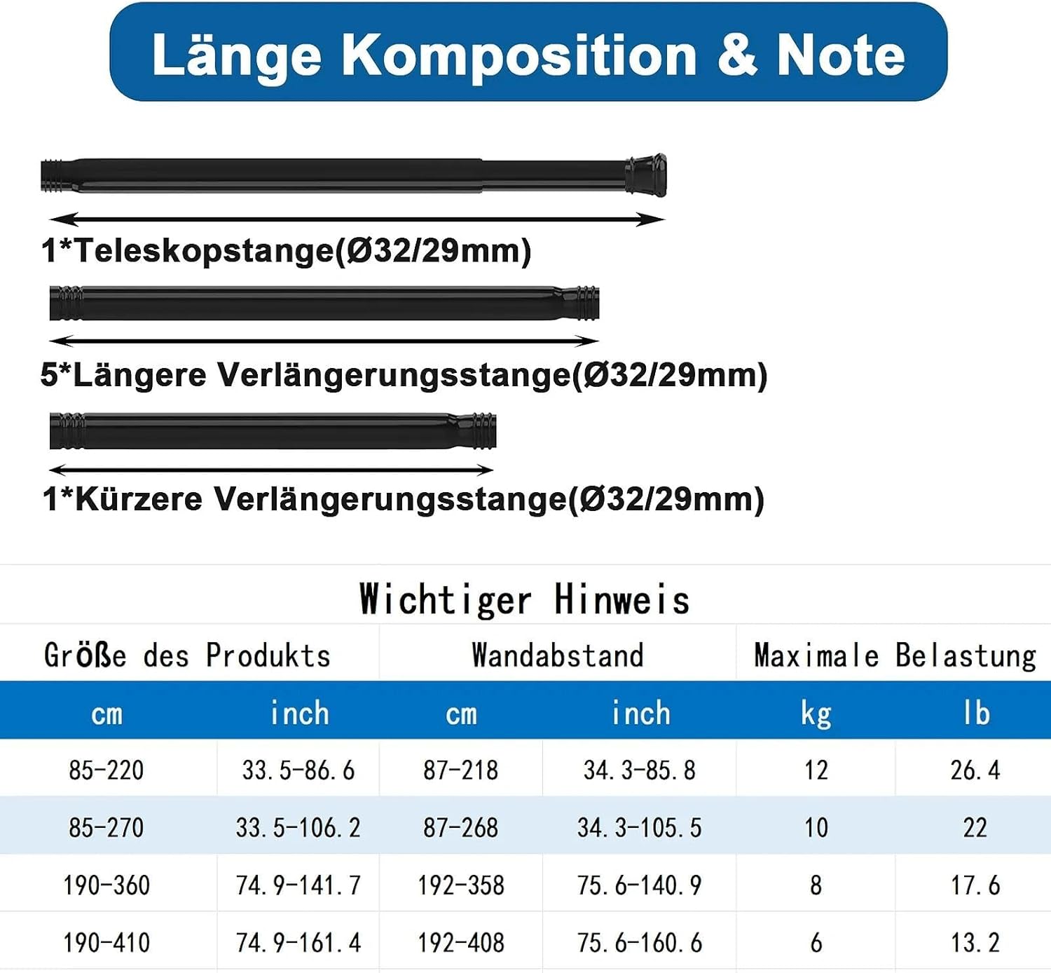 Asta per Tenda Doccia Telescopica 300cm, Bianca - immagine 2
