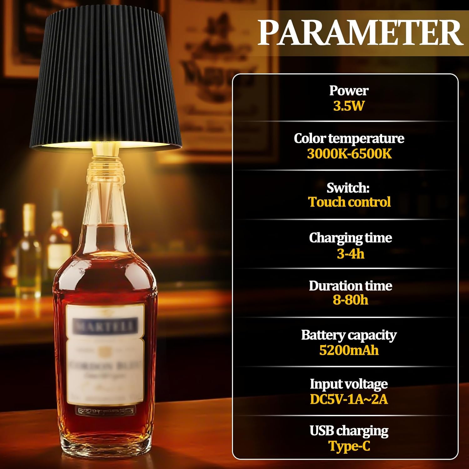 Lampada a Bottiglia Senza Fili Touch, Nera - immagine 3