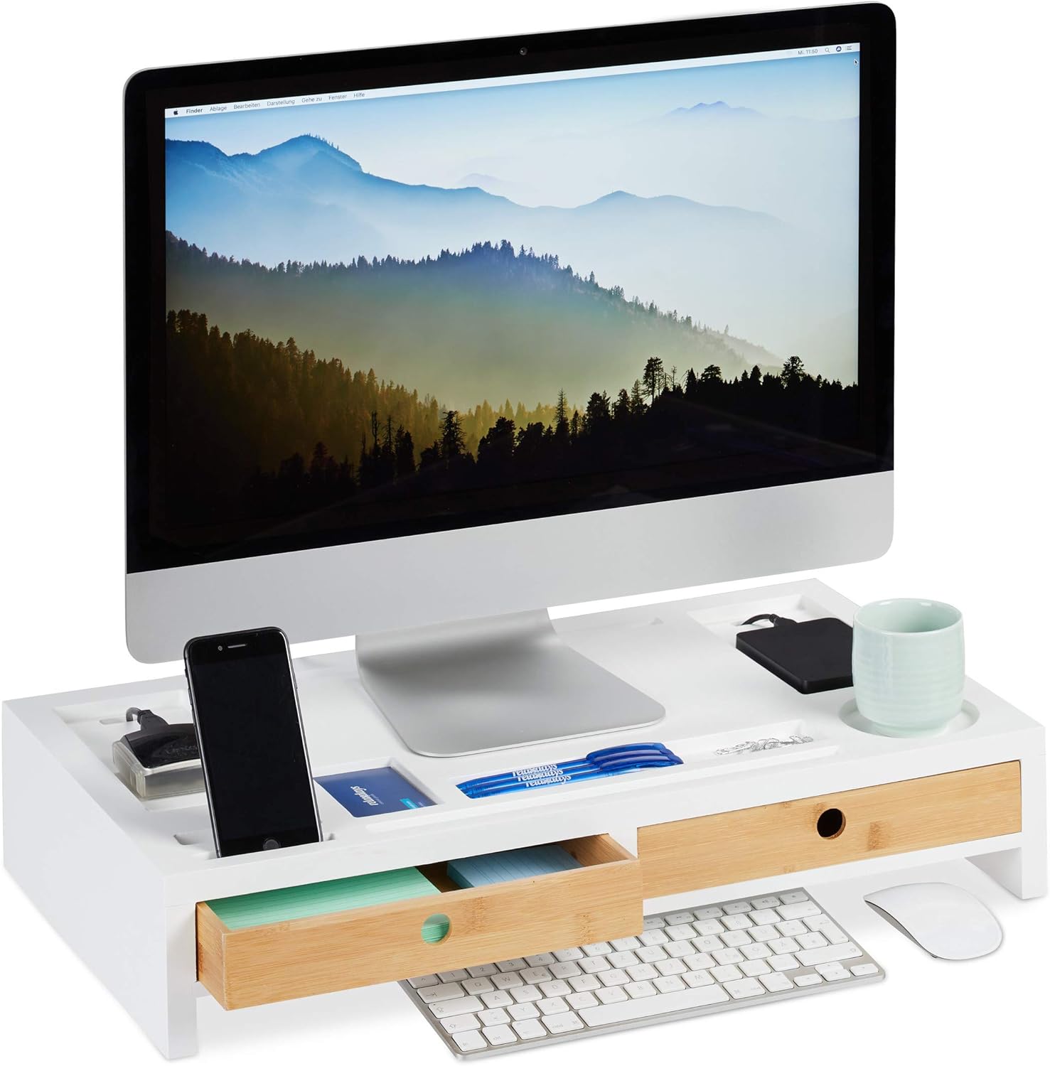 Relaxdays Supporto Monitor XL in Bambù e MDF, Bianco