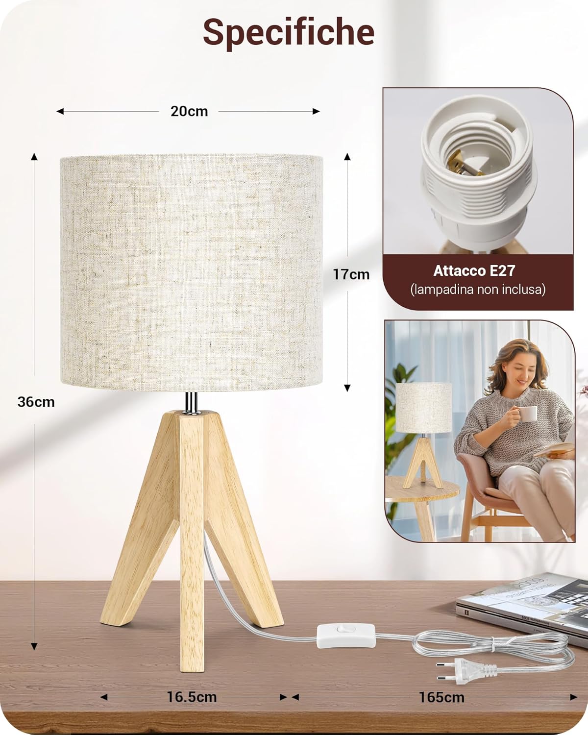 Edishine Lampada da Comodino in Legno Treppiede - immagine 3