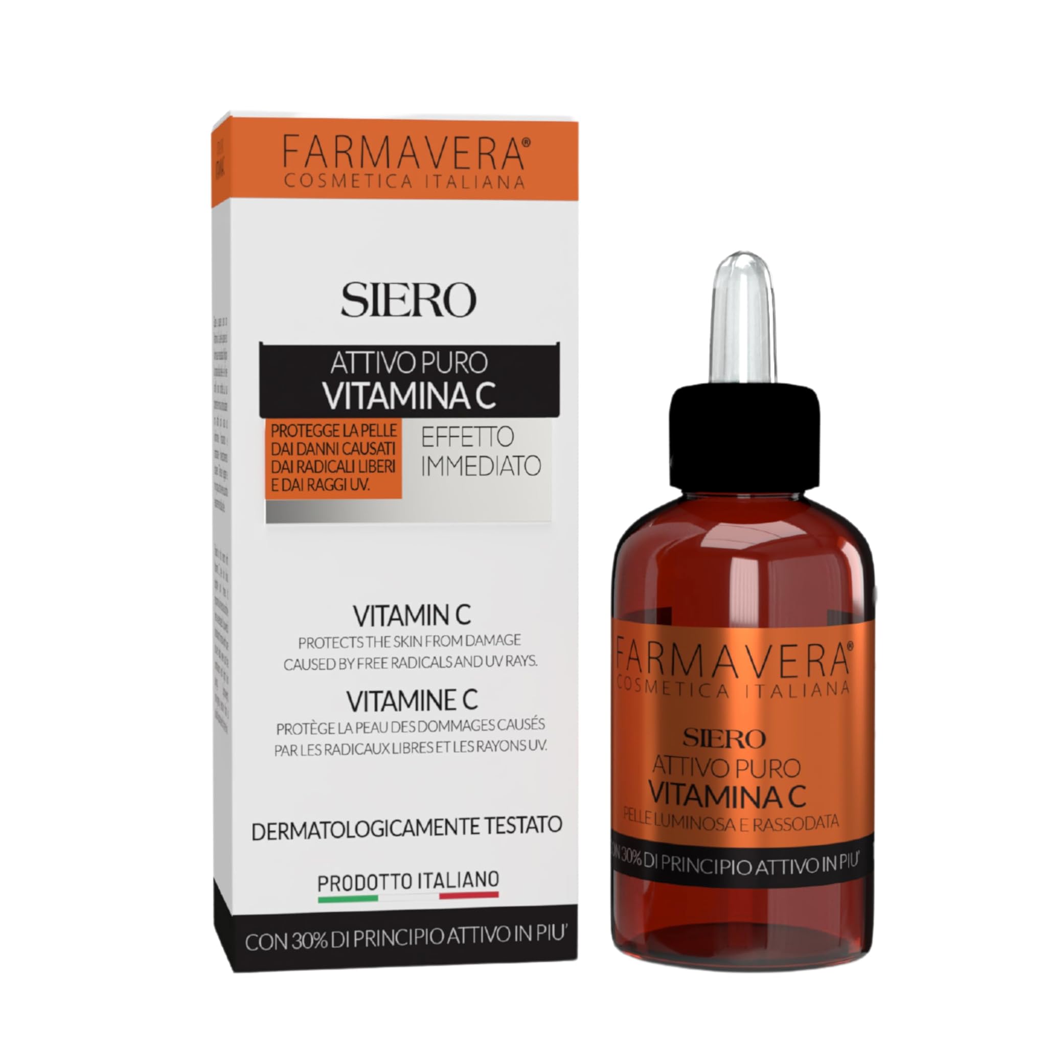 Farmavera Siero Viso Vitamina C Pura e Acido Ialuronico – Potente Antiossidante, Schiarente per Macchie, Illuminante e Idratante – Skincare Anti-Età Idratante con Vitamina C