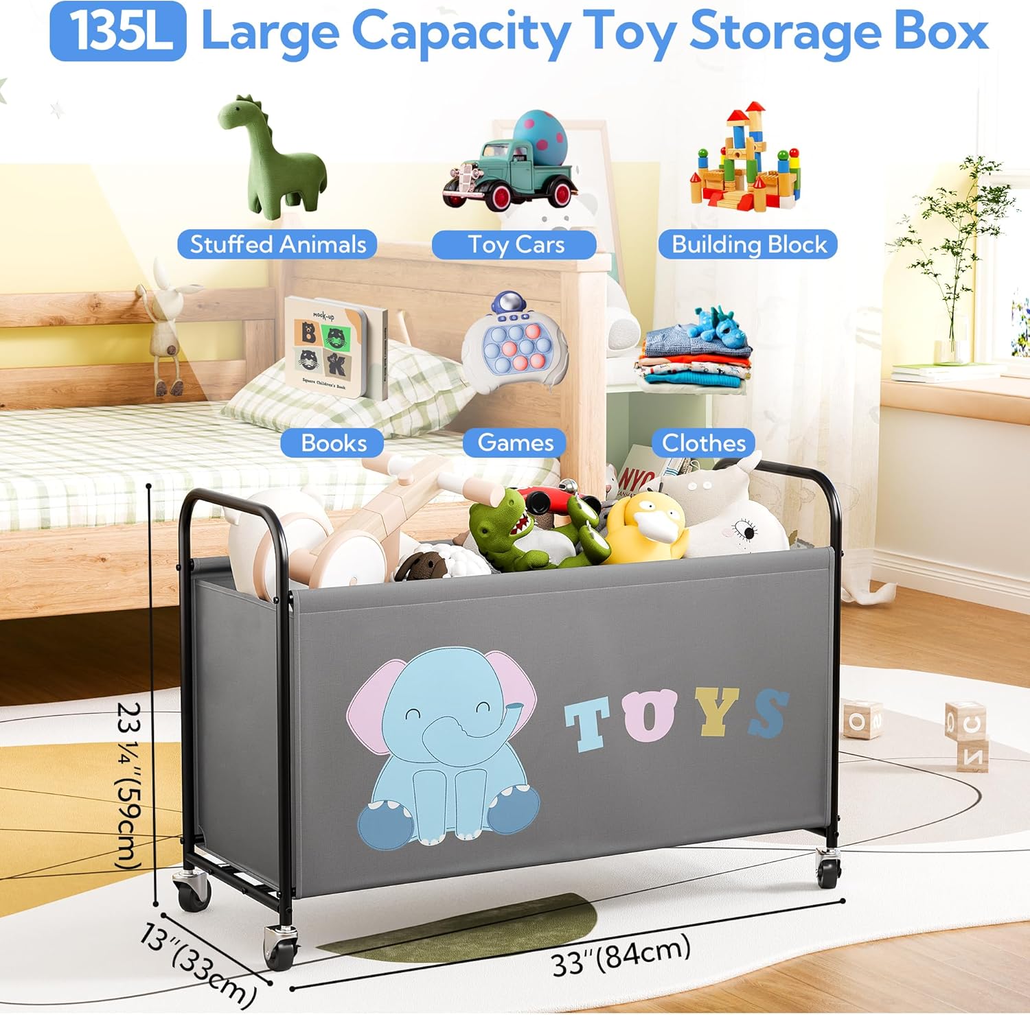 Scatola Porta Giocattoli con Ruote 135L - Grigio - immagine 2