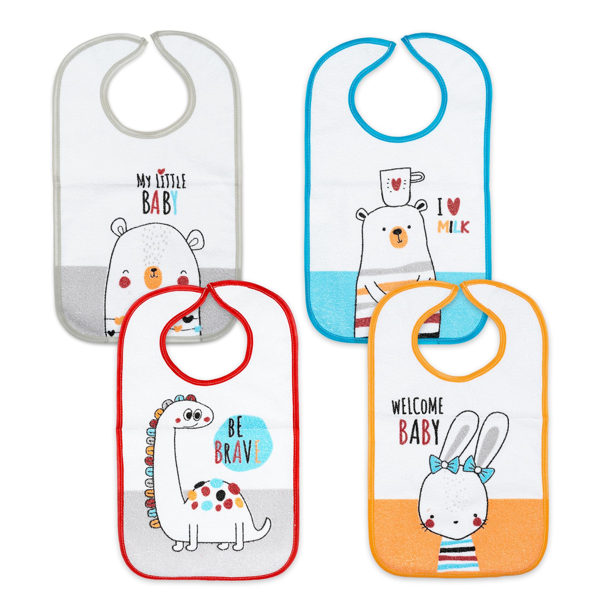 Ti TIN Confezione Da 4 Bavaglini Impermeabili Stampati 73% Cotone - 27% Poliestere | Set Di 4 Bavaglini Per Bambini Da 6 a 18 Mesi con Nastro Autochiudente, 25x35 cm