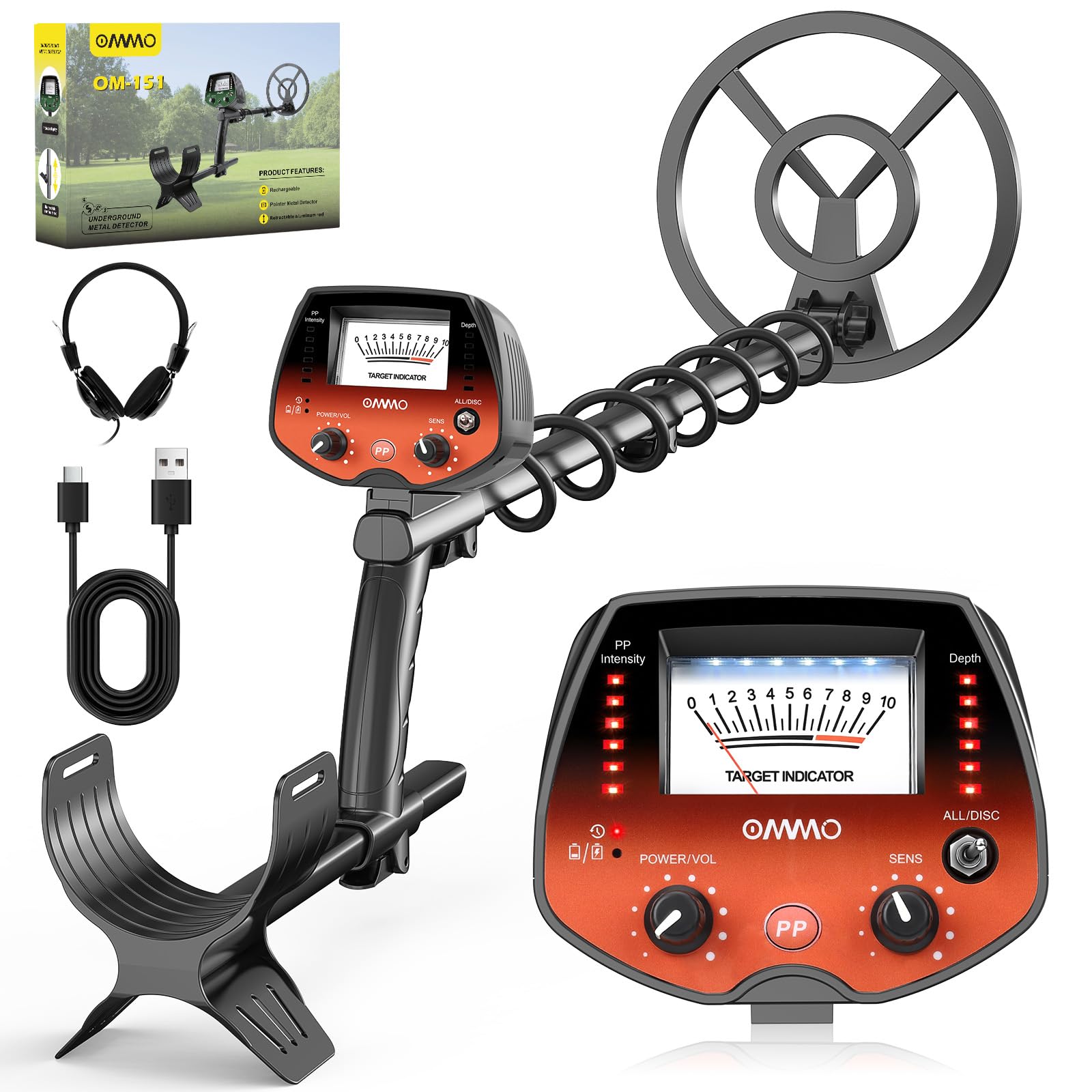 Ommo Metal Detector Professionale Ricaricabile USB, Arancione