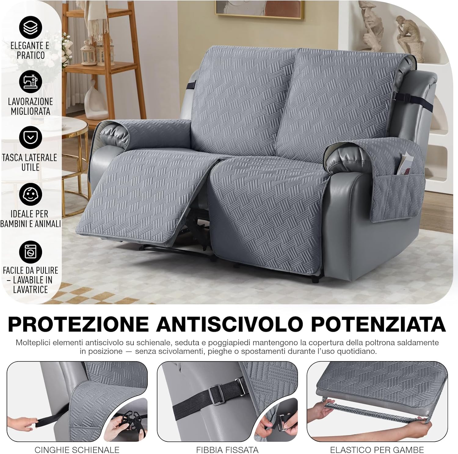 KinCam Copridivano 2 Posti con Braccioli, Grigio Scuro - immagine 3
