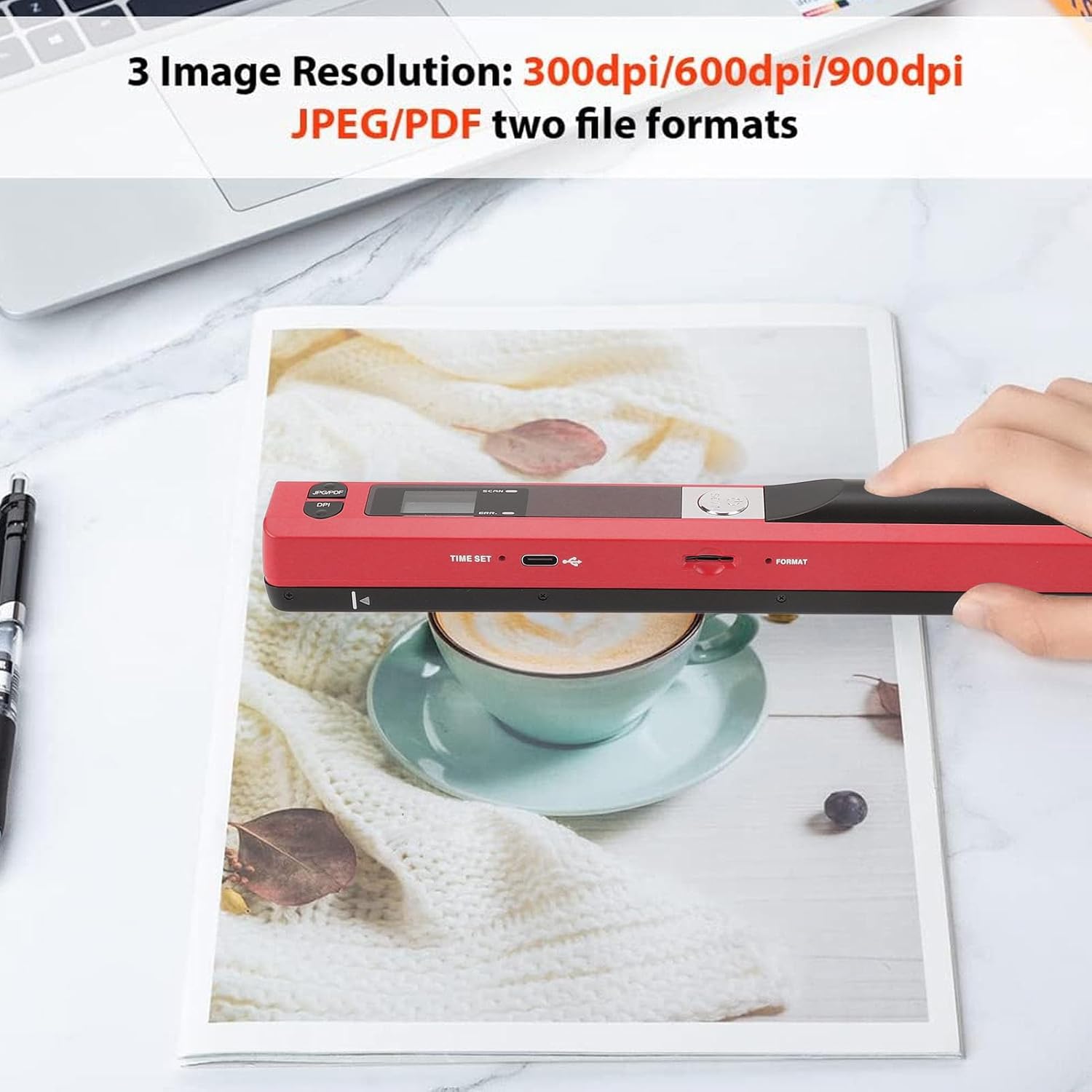 Scanner Portatile Documenti 900 DPI A4, Rosso - immagine 3