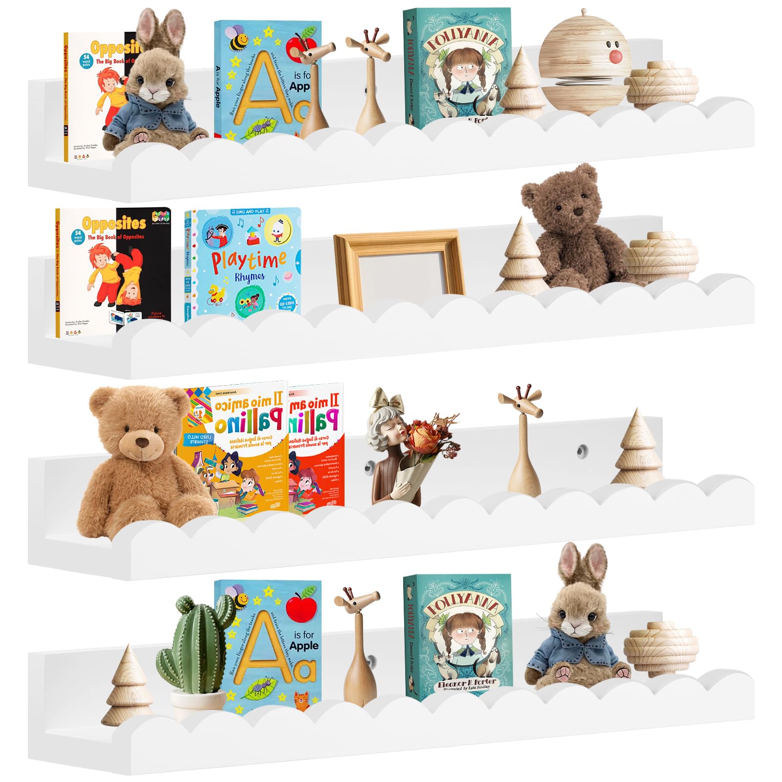 Scaffale a 4 ripiani per bambino, mensole galleggianti bianche