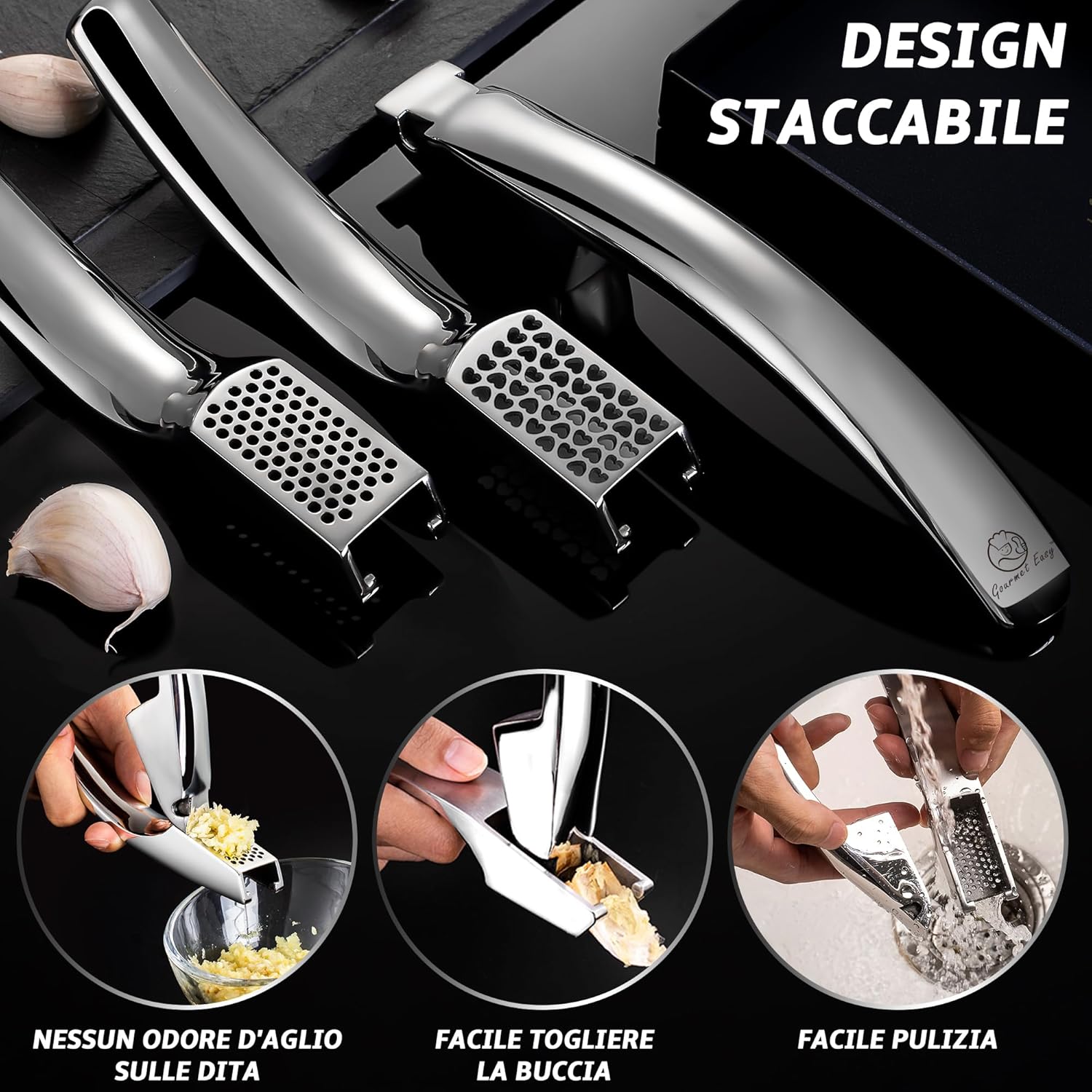 Schiaccia Aglio in Acciaio Inox con 2 Accessori - immagine 2