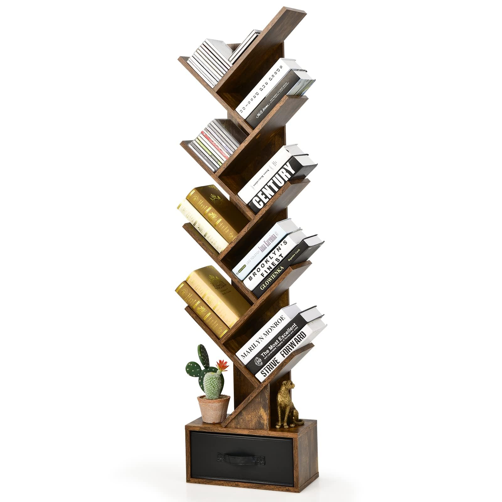FANTASK Libreria con cassetto, scaffale a 8 ripiani, a forma di albero, per CD e DVD, per camera da letto, soggiorno e ufficio, 38 x 21,5 x 149,5 cm (marrone usticale)