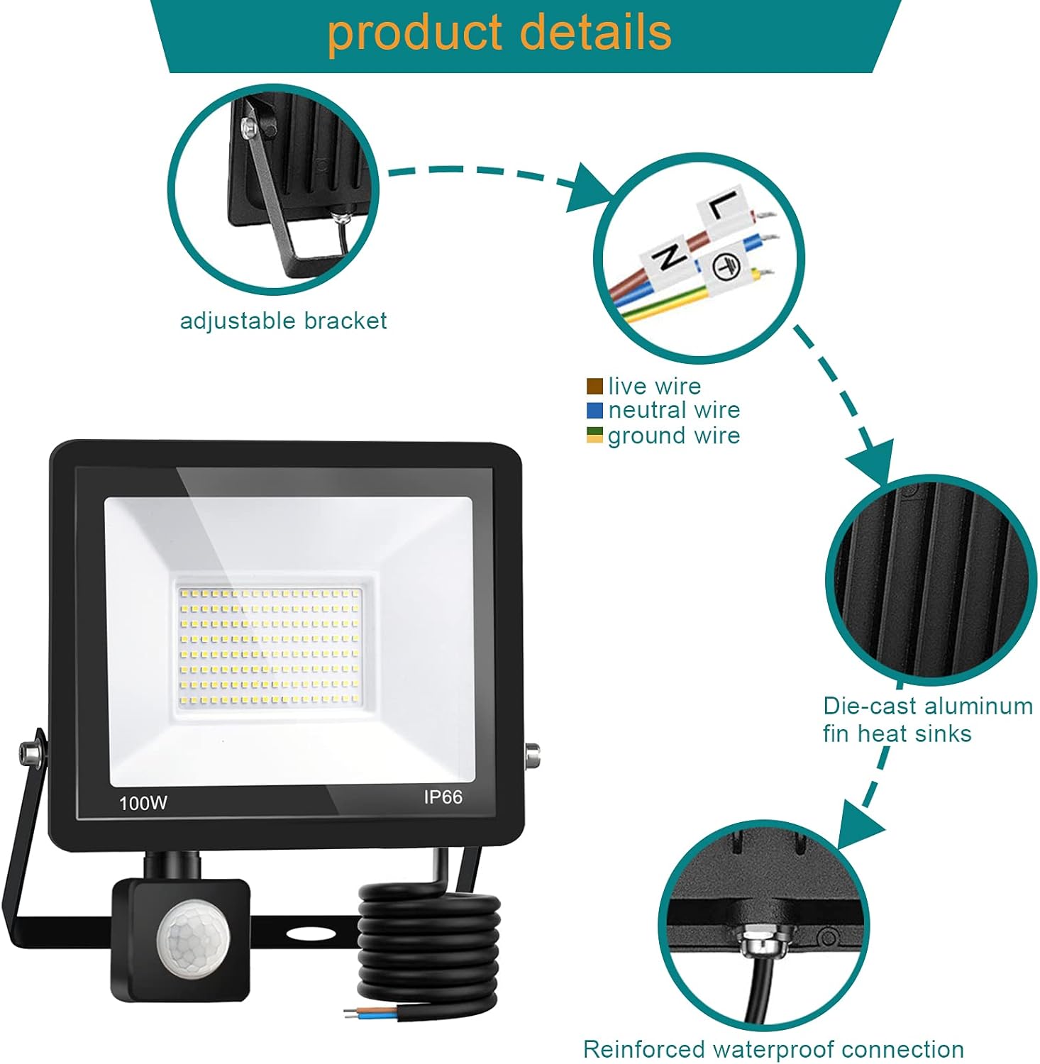 Treoir Faretto LED da Esterno 100W con Sensore, 4pz - immagine 5