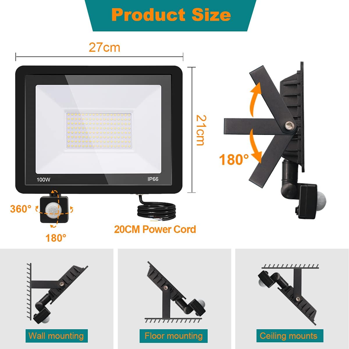 Treoir Faretto LED da Esterno 100W con Sensore, 4pz - immagine 6