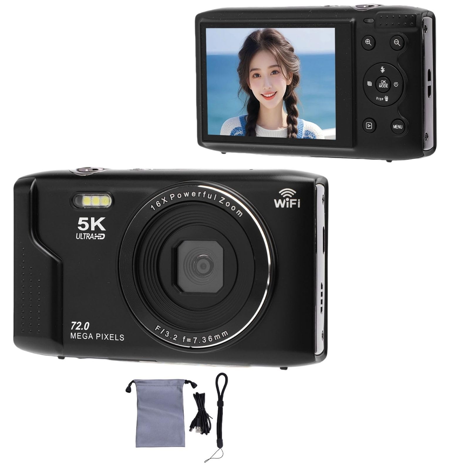 Fotocamera Digitale 5K 72MP con WiFi, Nero