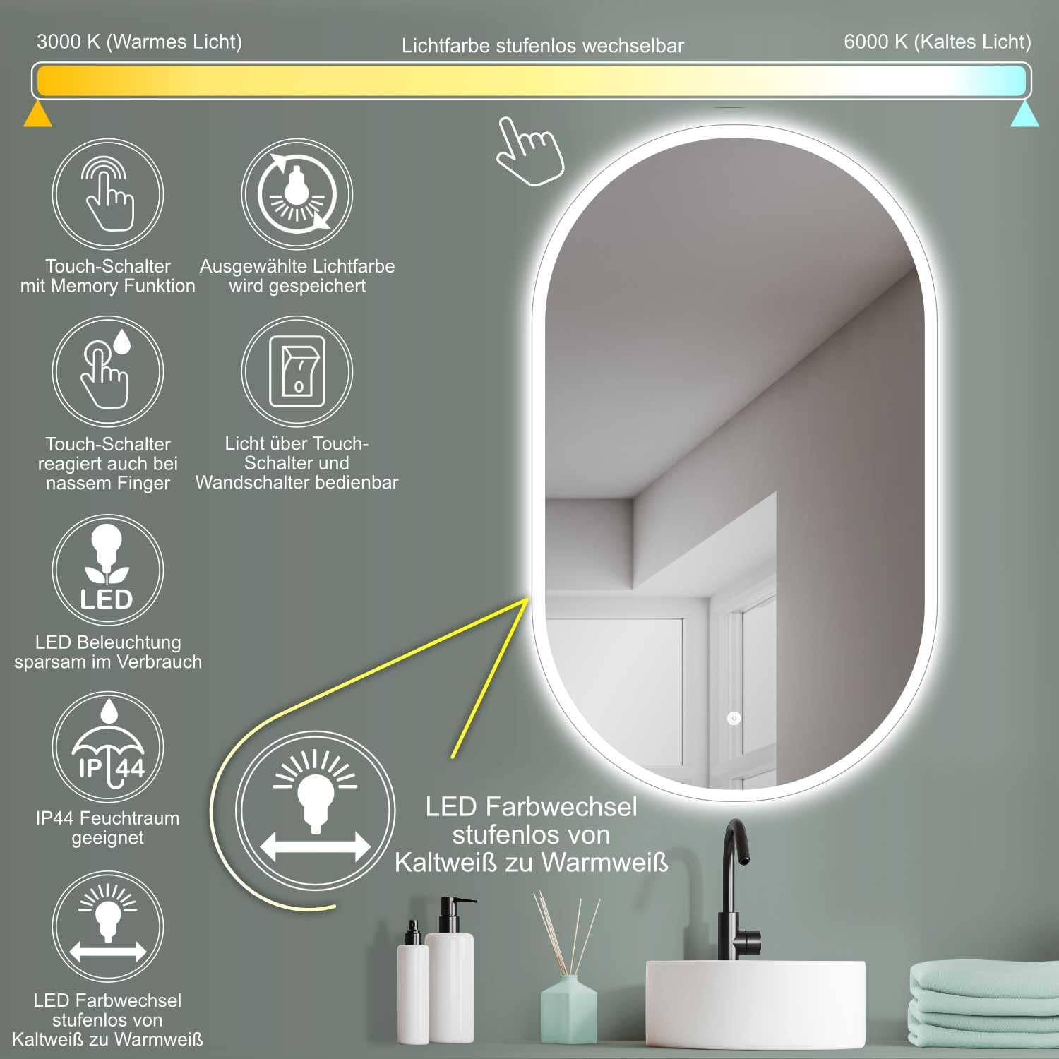 Hoko® Specchio LED Design Ovale 45x75cm - immagine 3