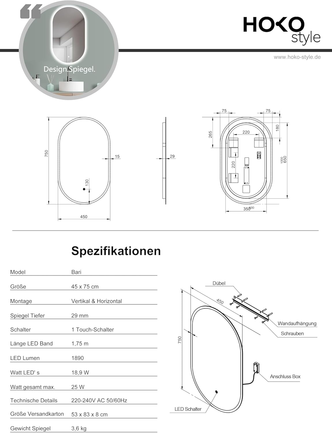 Hoko® Specchio LED Design Ovale 45x75cm - immagine 8