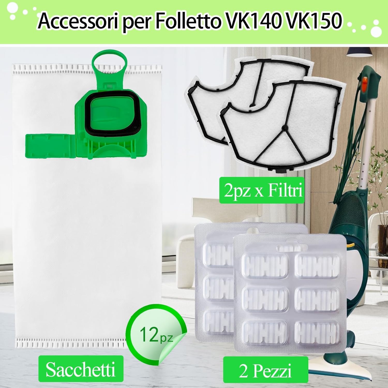Sacchetti per Folletto VK140 VK150 FP140 - 12 Pezzi - immagine 2