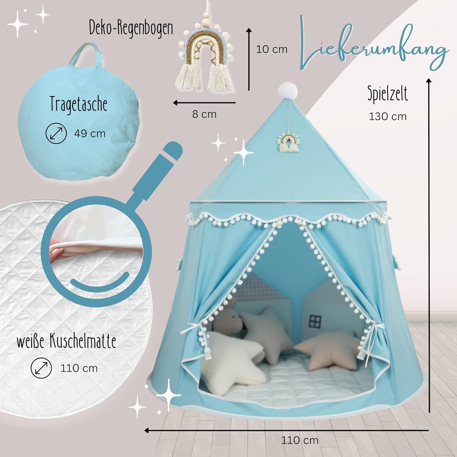 Tenda da Gioco Originale per Bambini in Cotone e Canapa, Blu Cielo - immagine 4