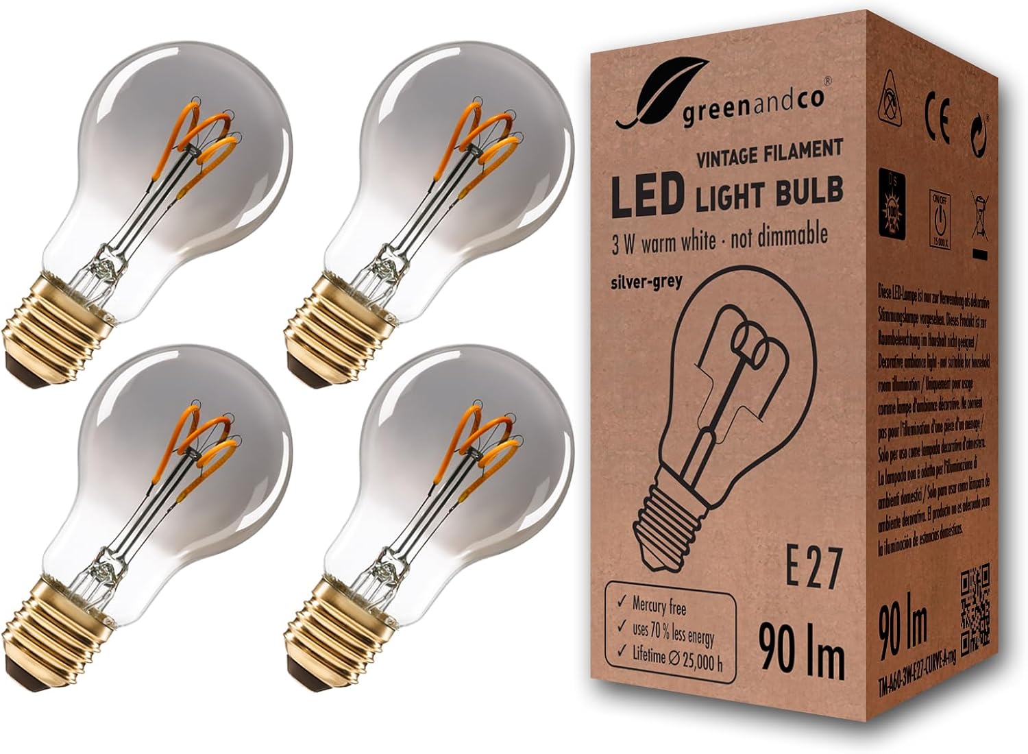 Greenandco Lampadina Filamento LED Vintage E27 A60 (4 Pezzi) - immagine 1