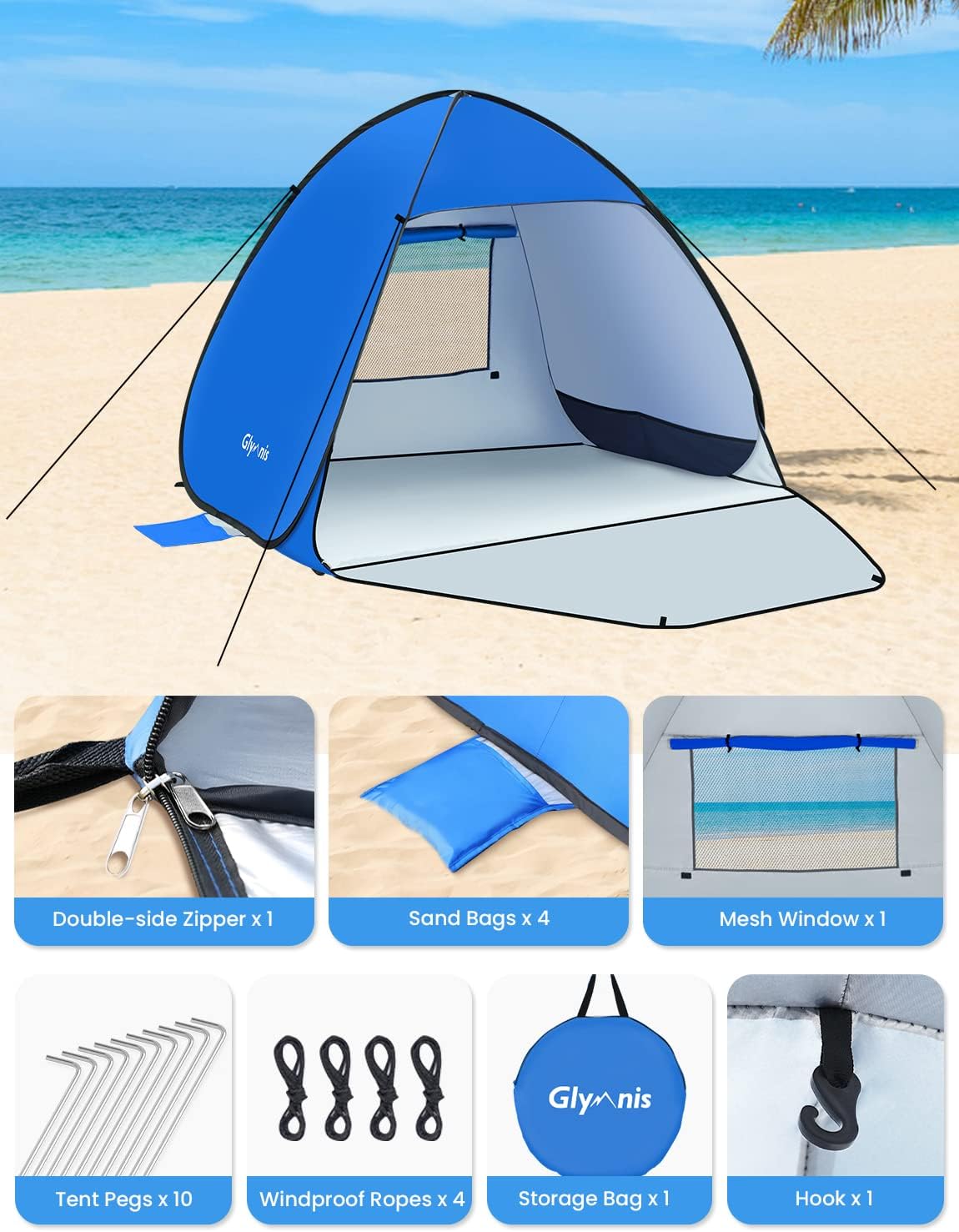 Glymnis Tenda da Spiaggia Pop-up 220x190x135cm - immagine 8