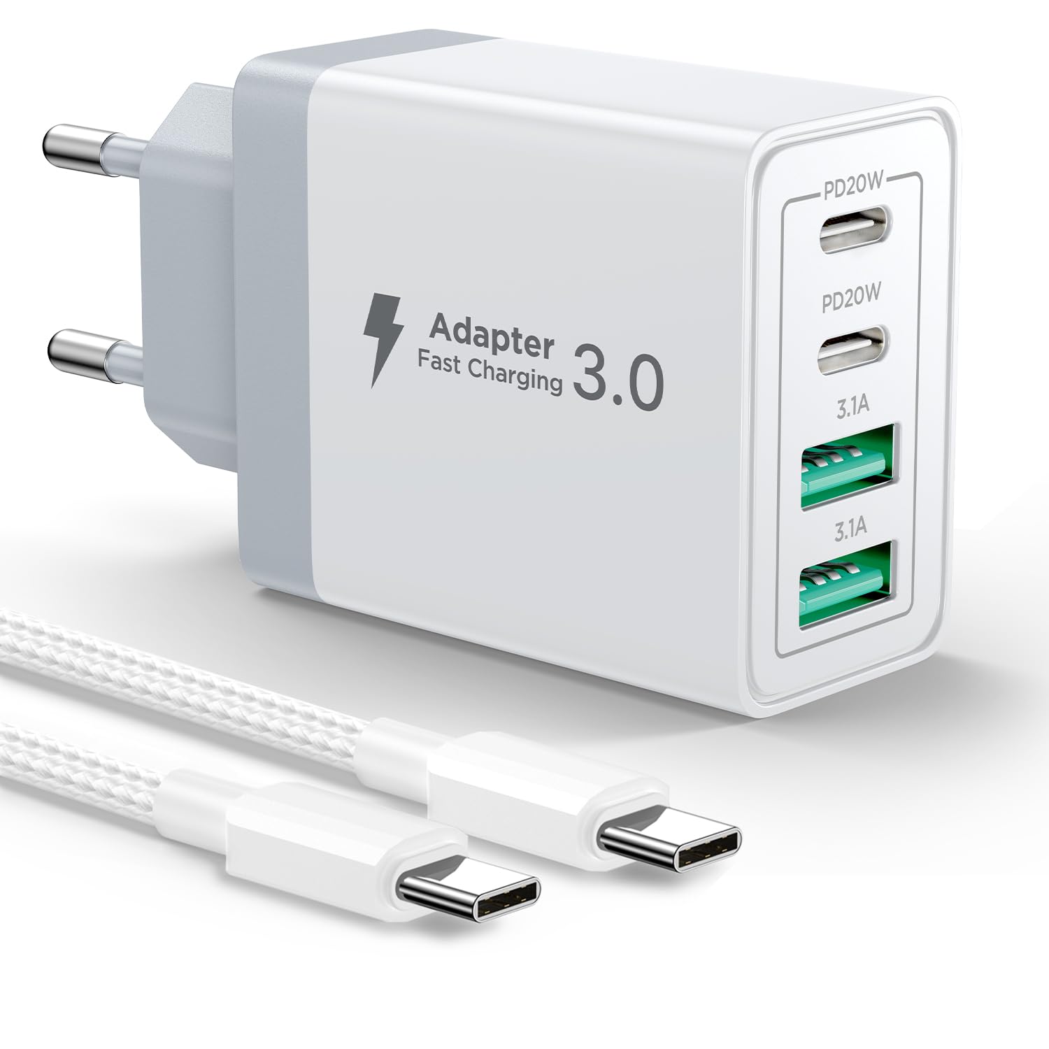 Caricatore USB C Rapido 40W 4 Porte con Cavo 2M