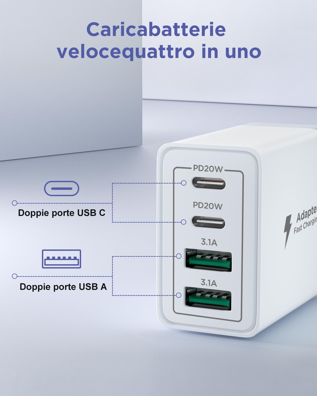 Caricatore USB C Rapido 40W 4 Porte con Cavo 2M - immagine 2