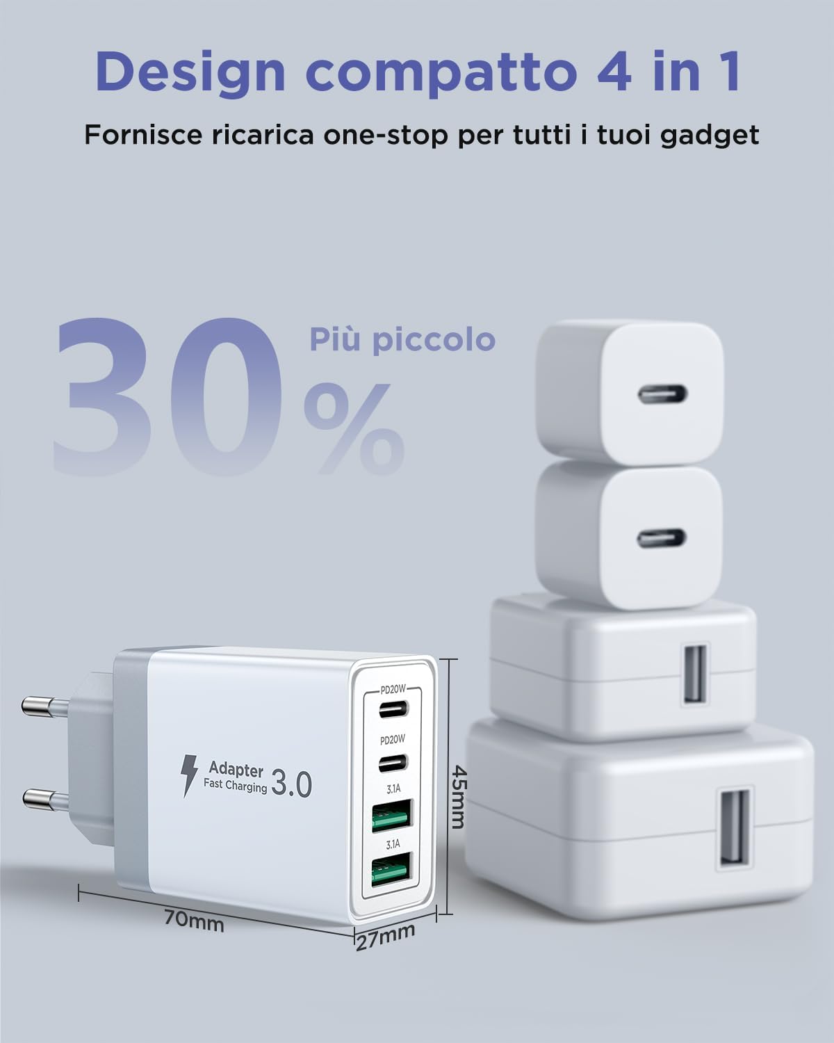 Caricatore USB C Rapido 40W 4 Porte con Cavo 2M - immagine 5