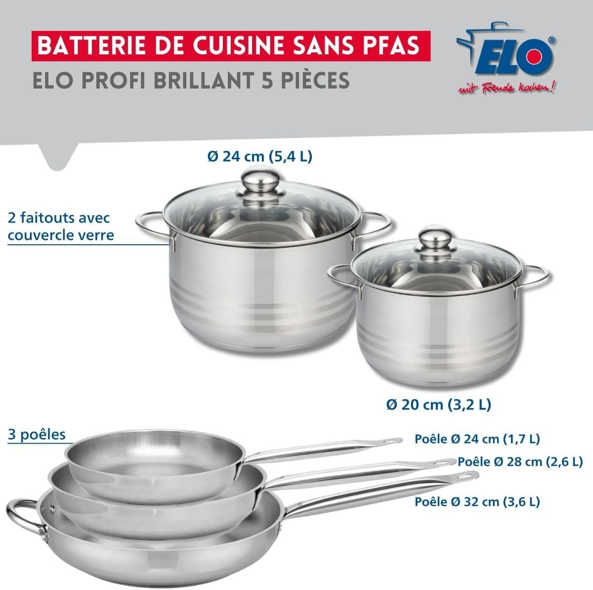 ELO 9885950 - Set 3 Padelle e 2 Pentole Acciaio Inox - immagine 2