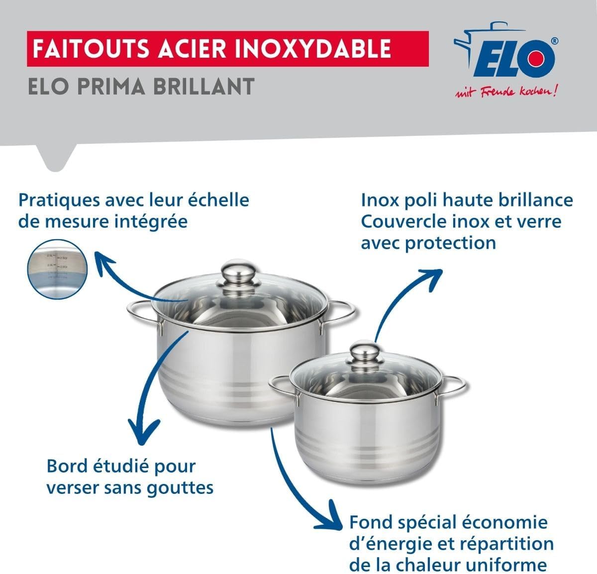 ELO 9885950 - Set 3 Padelle e 2 Pentole Acciaio Inox - immagine 3