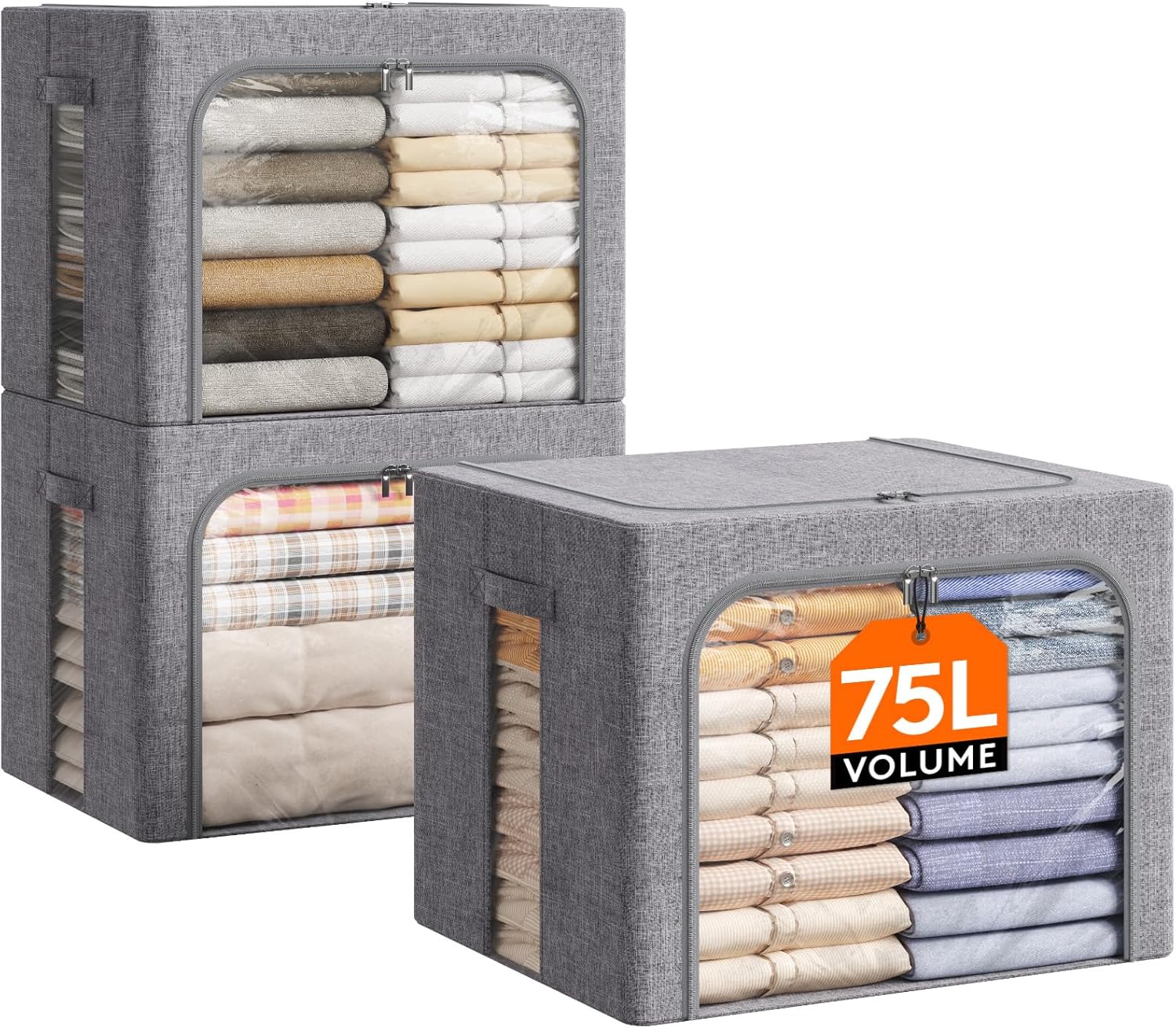 Lifewit 3 Scatole per Armadio Rigide 75L, Grigio - immagine 1