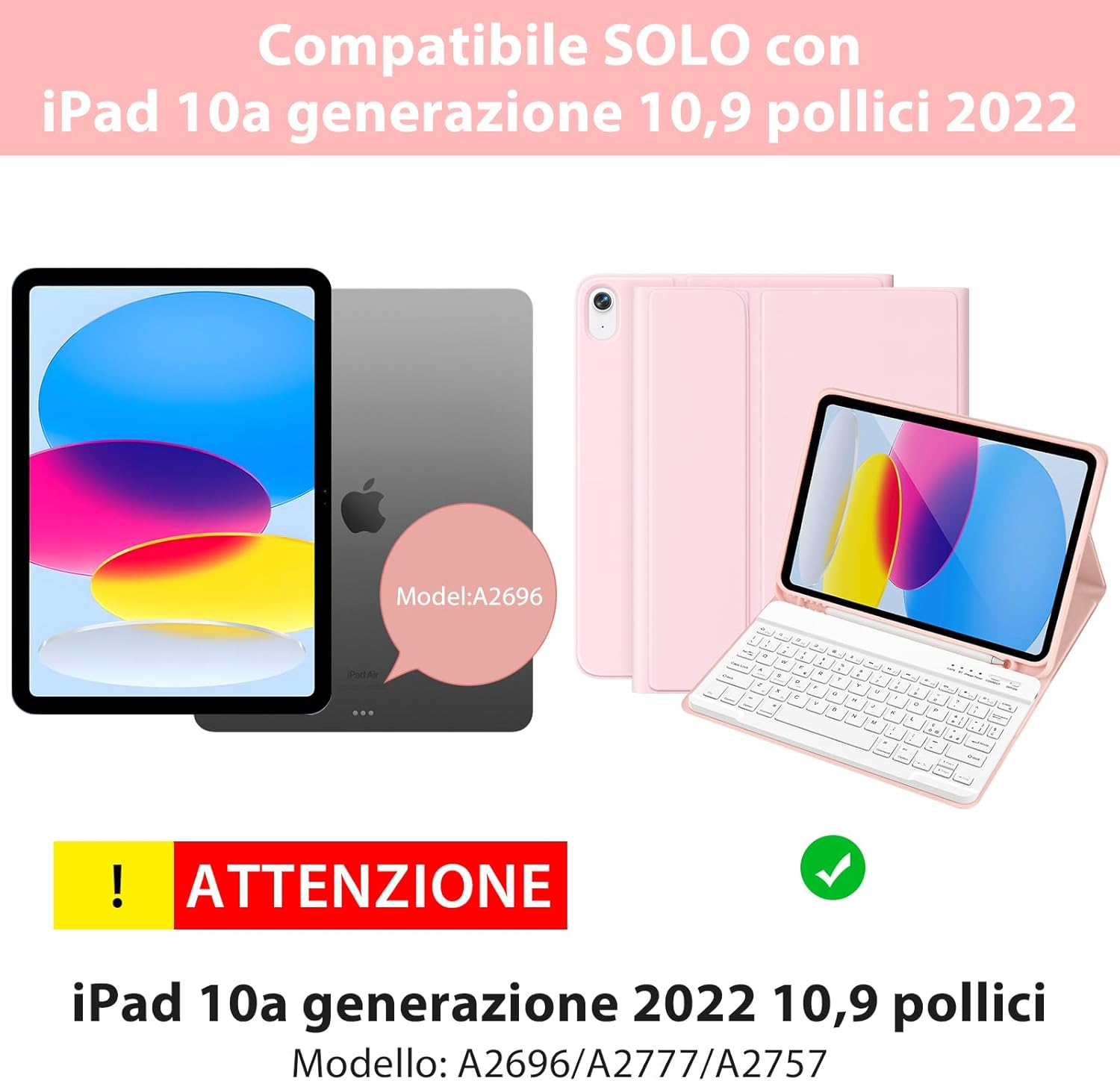 Kbcase Custodia Tastiera per iPad 11/10 Gen, Rosa - immagine 2