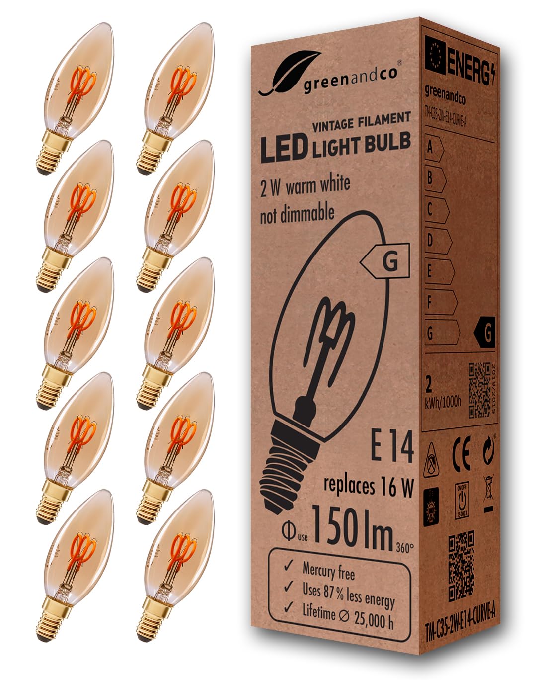 Greenandco 10x Lampadina LED Vintage E14 C35 2W