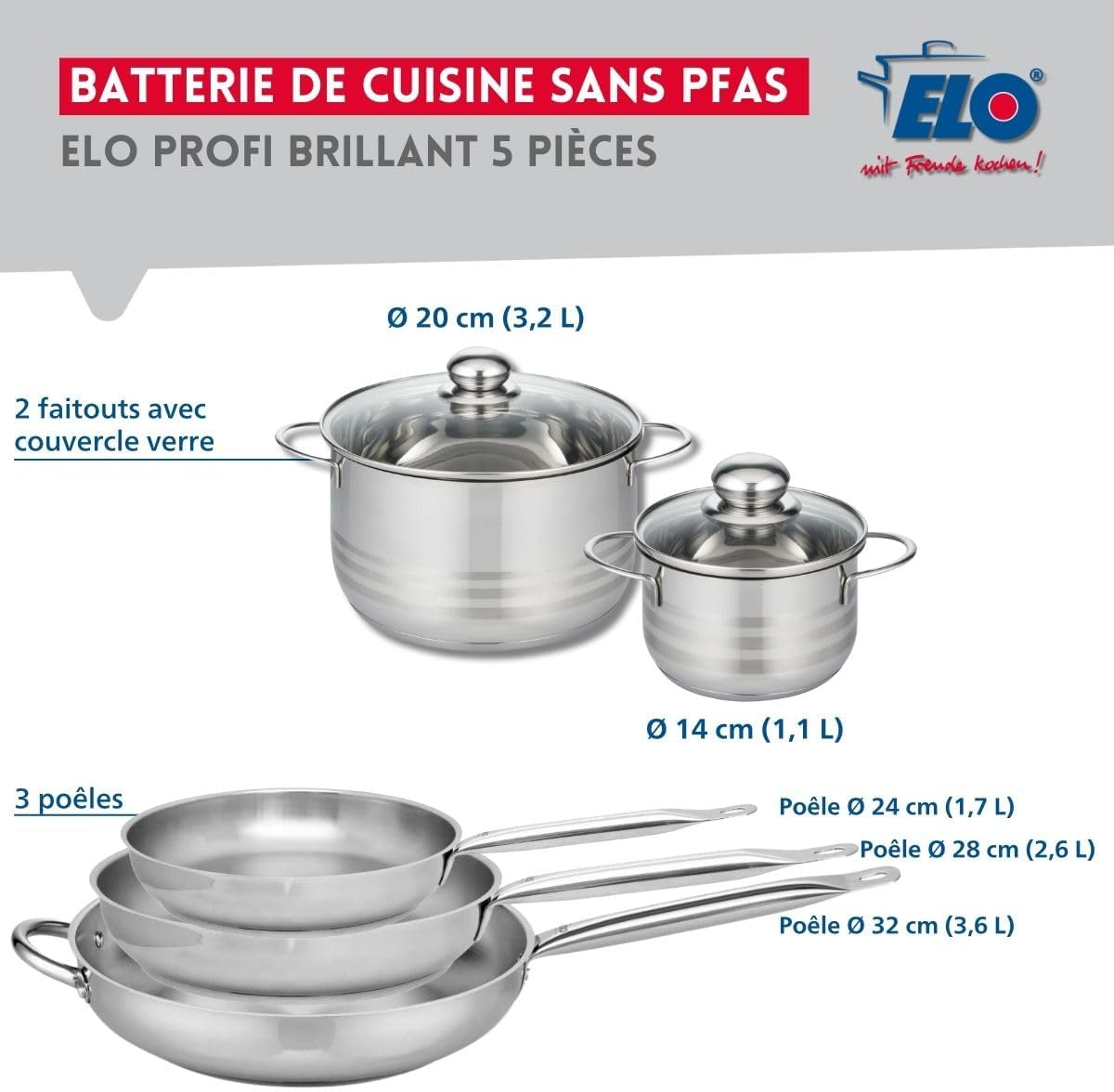 ELO 9885550 - Set 3 Padelle 24, 28, 32cm e 2 Padelle 14, 20cm - immagine 2