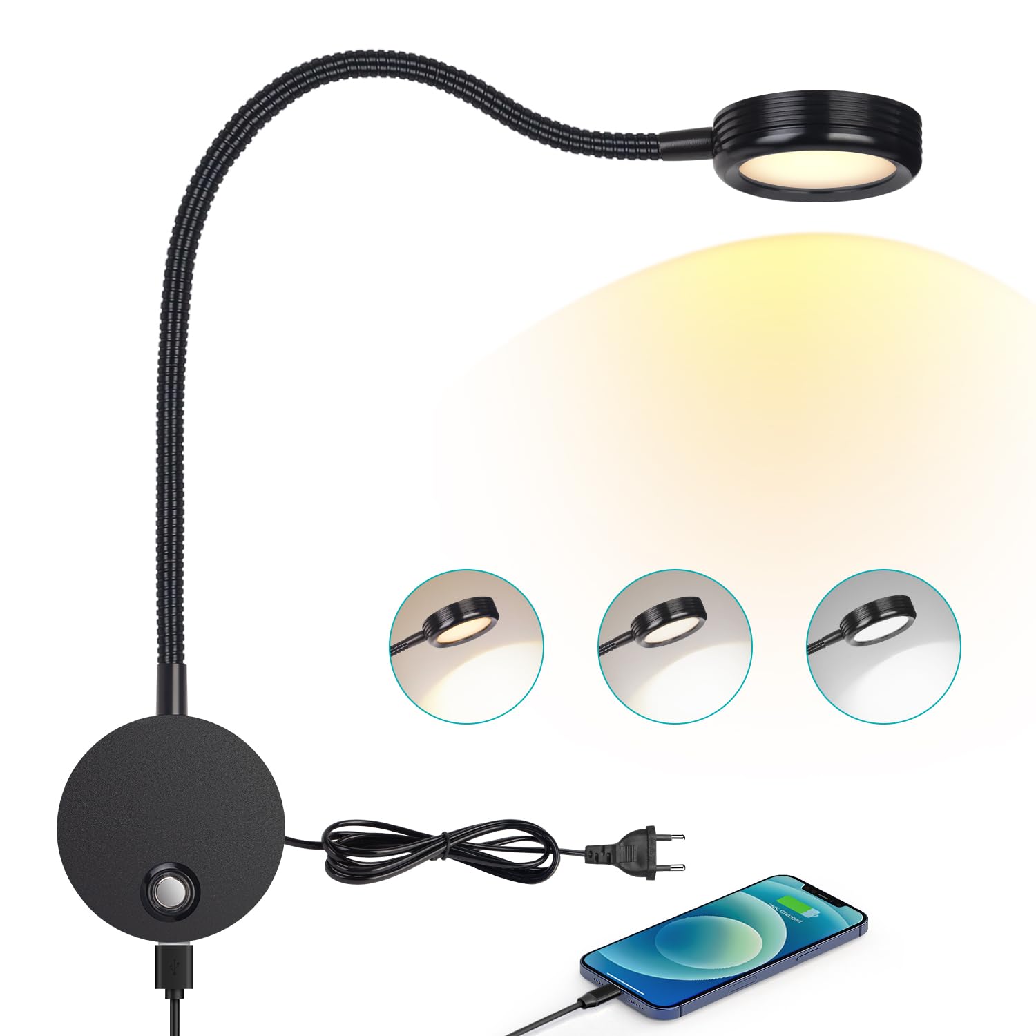 Erwey Lampada da Lettura a Parete LED 4W, Nero