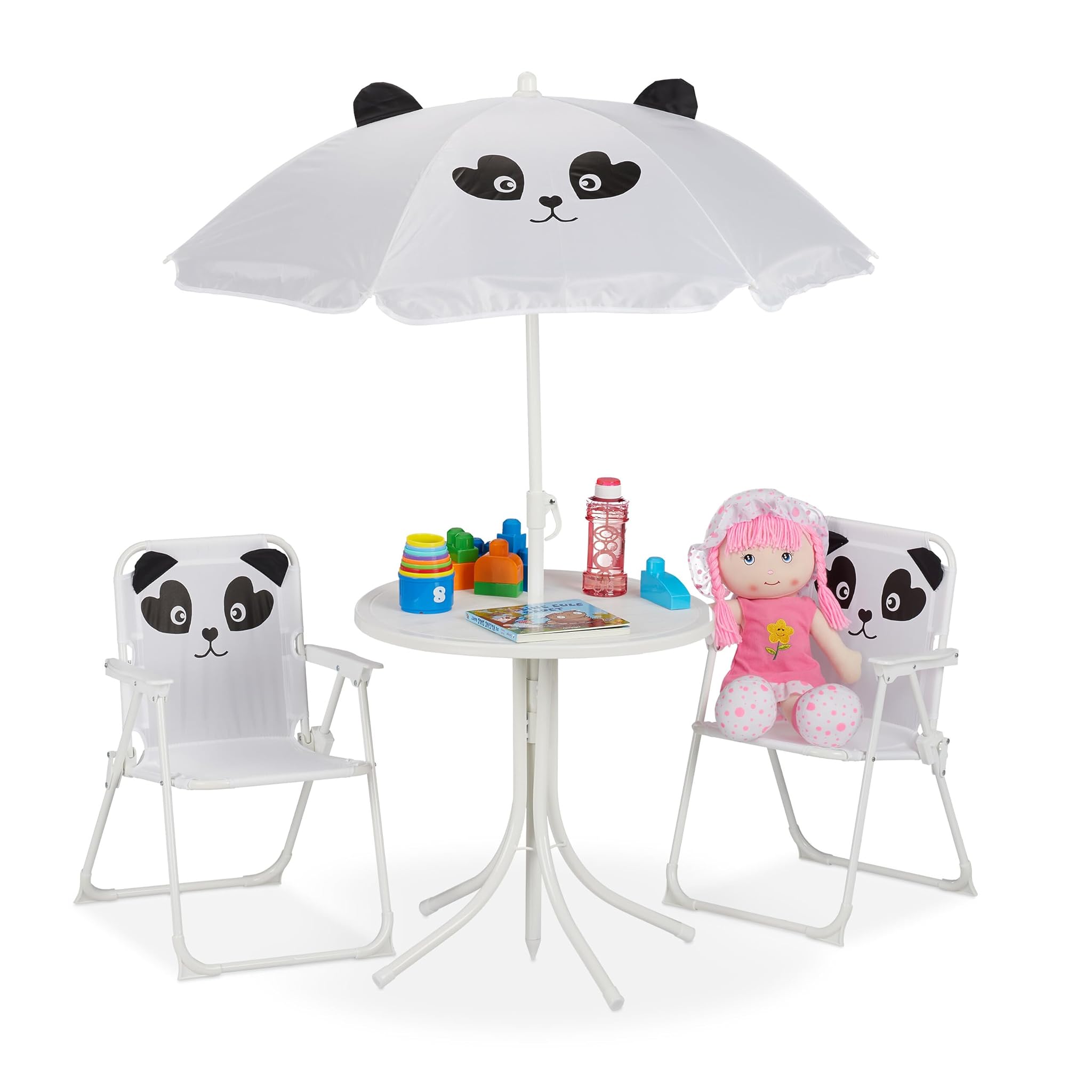 Relaxdays Tavolo Bambini con Ombrellone e 2 Sedie, Bianco