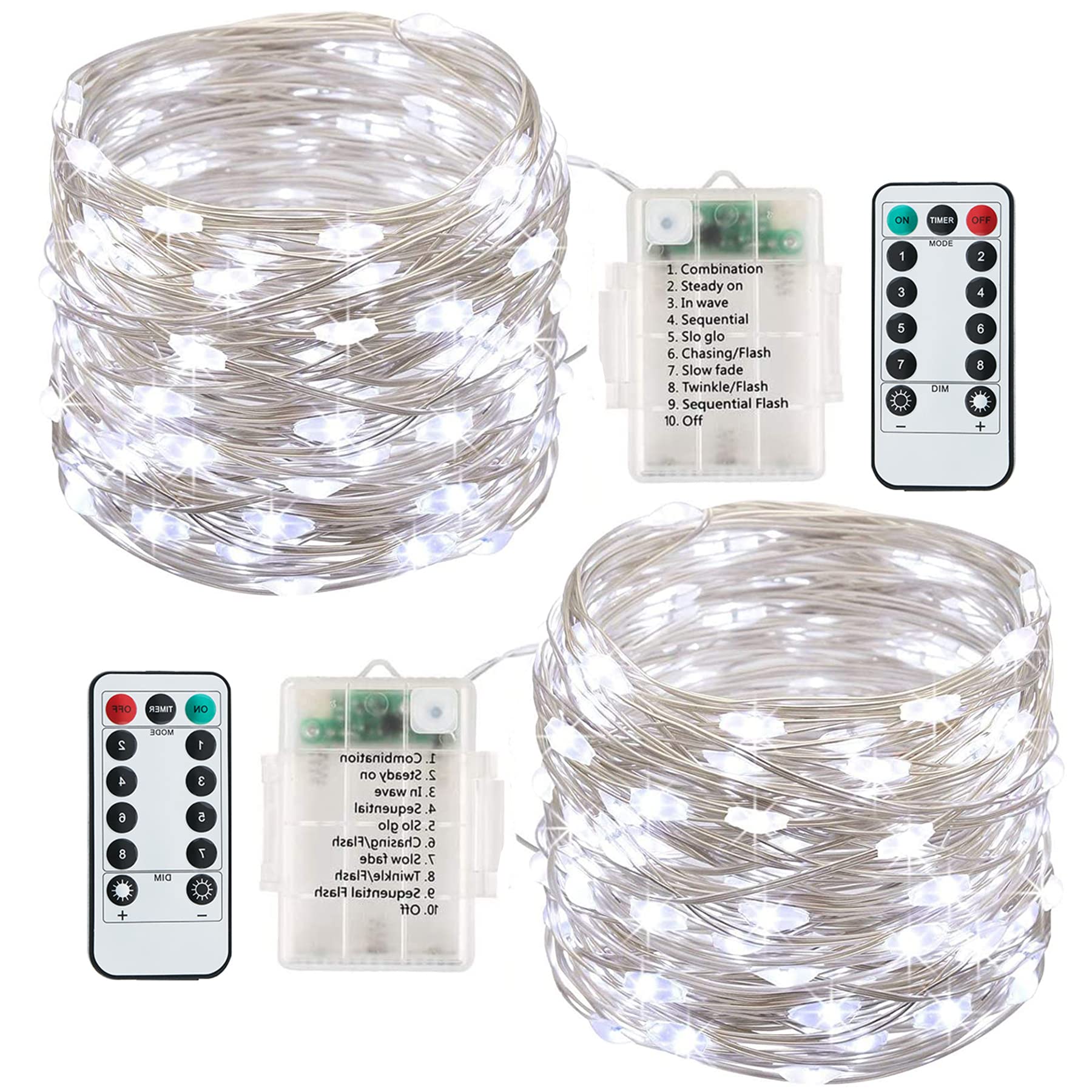 Fairy Lights - Batteria a batteria, 13 m, 120 LED, impermeabile, filo di rame con 8 modalità di controllo remoto timer per camera da letto, giardino, feste, decorazioni festival (bianco freddo)