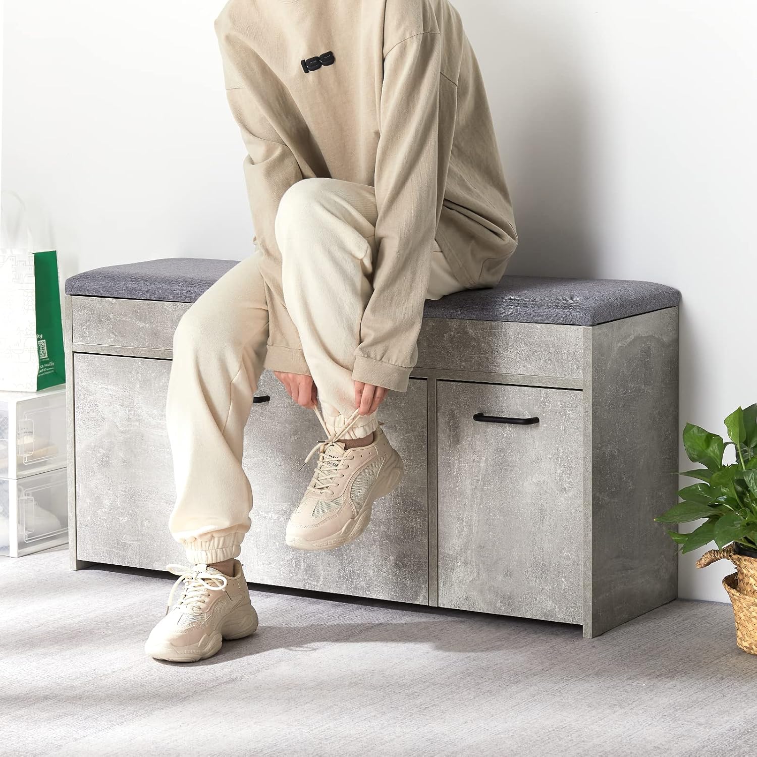 Meerveil Scarpiera Panca con Cassetto Ribaltabile, Grigio - immagine 2