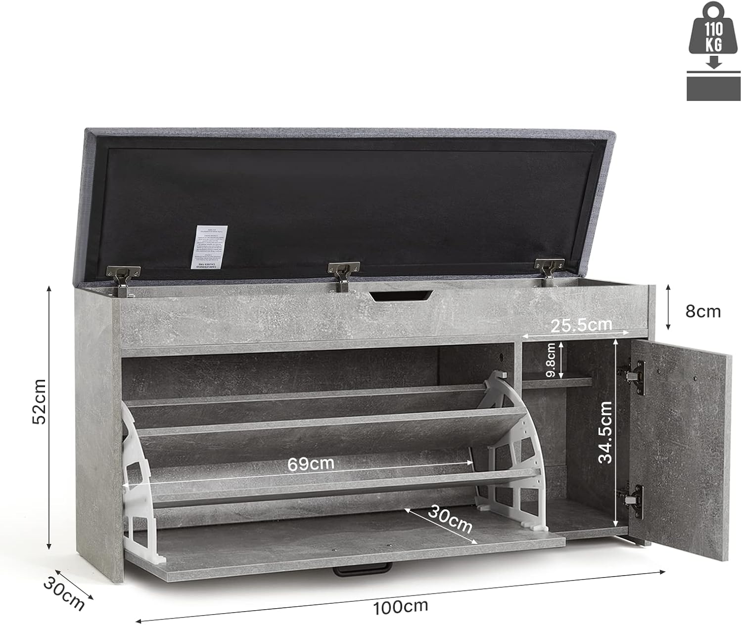Meerveil Scarpiera Panca con Cassetto Ribaltabile, Grigio - immagine 3