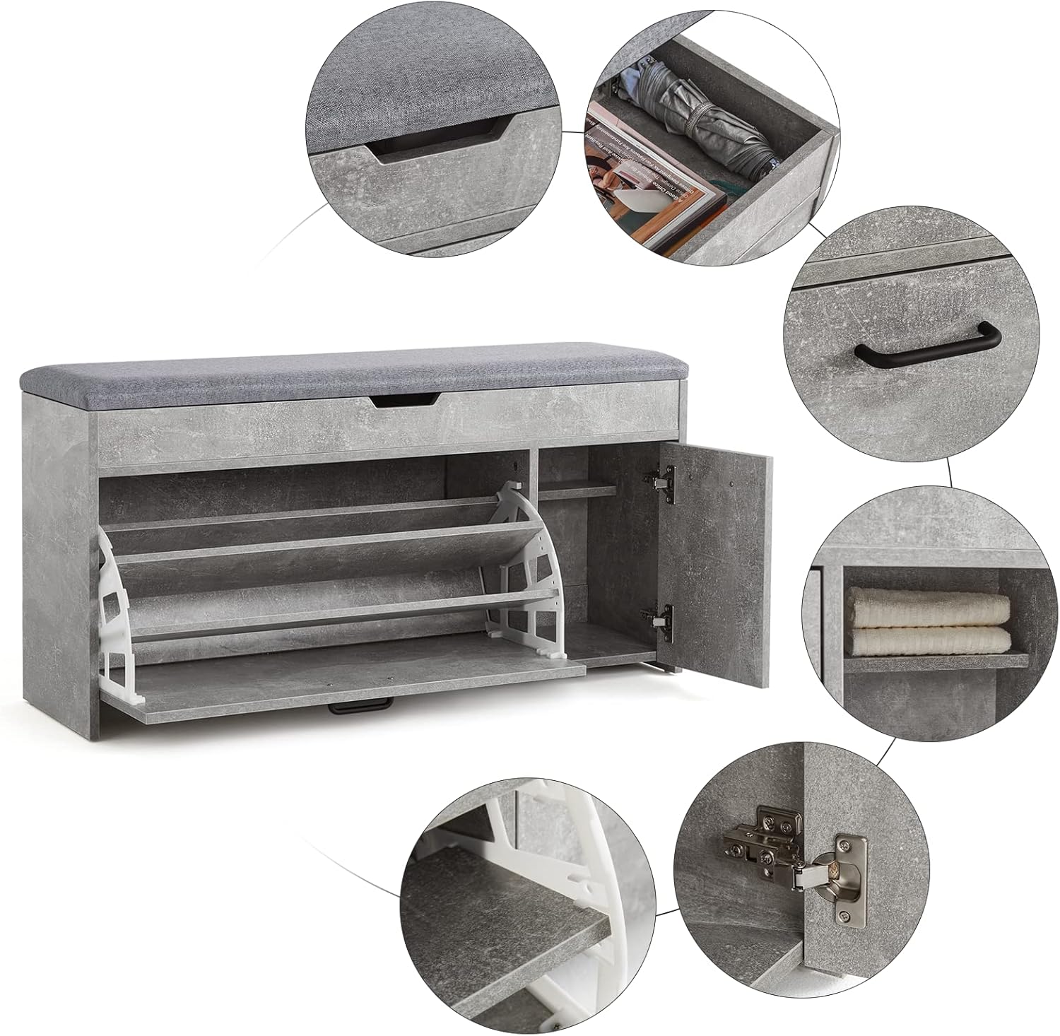 Meerveil Scarpiera Panca con Cassetto Ribaltabile, Grigio - immagine 5