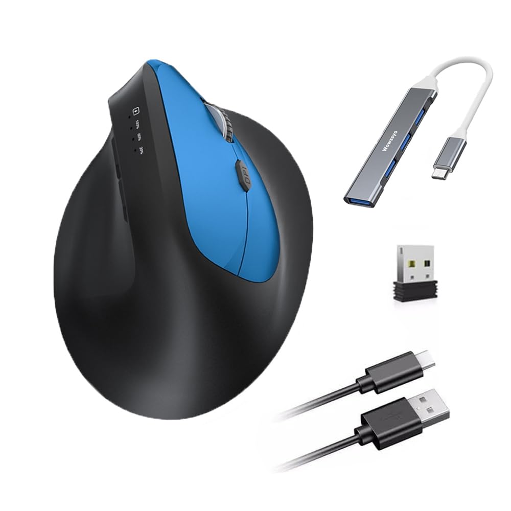 Mouse wireless ergonomico 3 modalità [Bluetooth 5.2, 2.4G, cablato] Wireless verticale, mouse Bluetooth senza fili 1200/1600/2400/3200/6400/9600 DPI, ricaricabile, 6 tasti, PC/Mac Blu