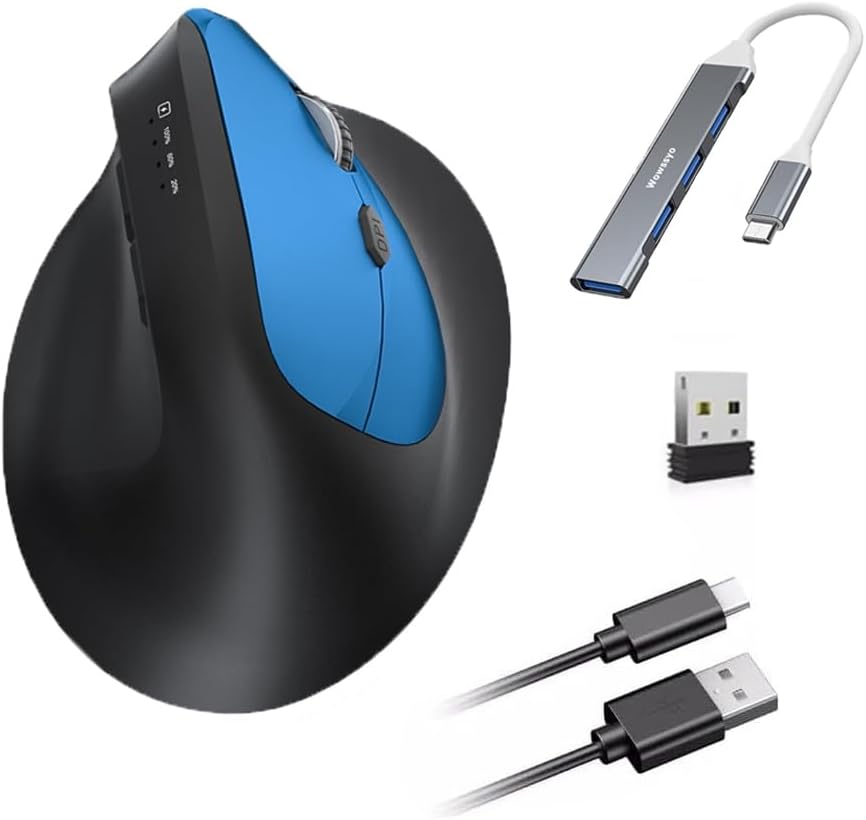 Mouse wireless ergonomico 3 modalità [Bluetooth 5.2, 2.4G, cablato] Wireless verticale, mouse Bluetooth senza fili 1200/1600/2400/3200/6400/9600 DPI, ricaricabile, 6 tasti, PC/Mac Blu - immagine 1