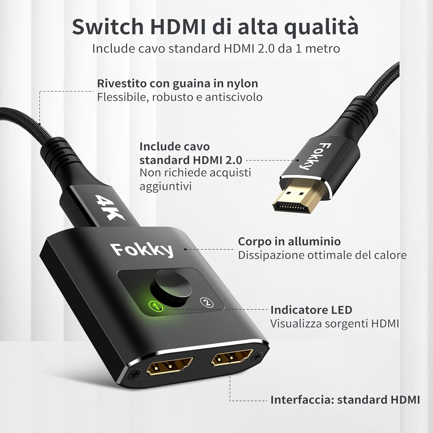Switch HDMI 4K@60Hz Bidirezionale con Cavo 1M, Nero - immagine 2